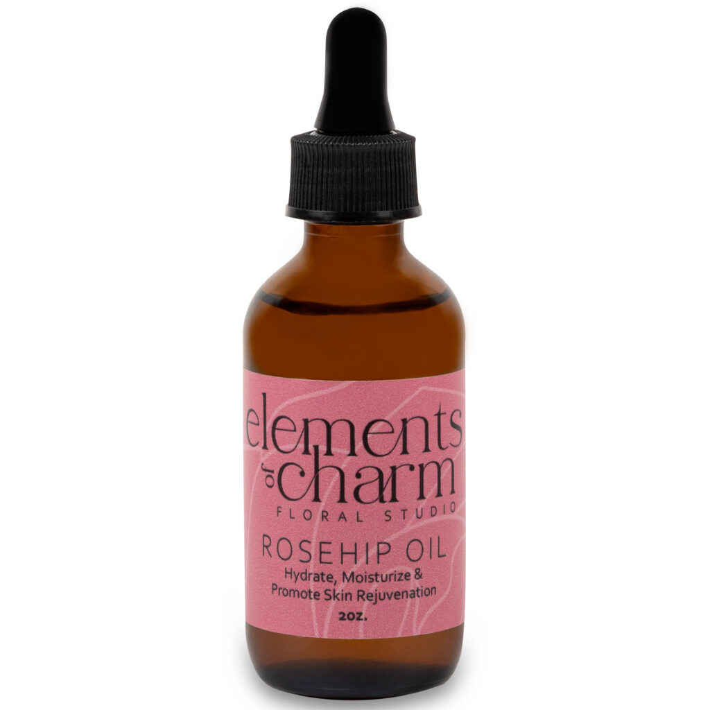 White-background product photo of a rosehip oil bottle for an e-commerce product listing.